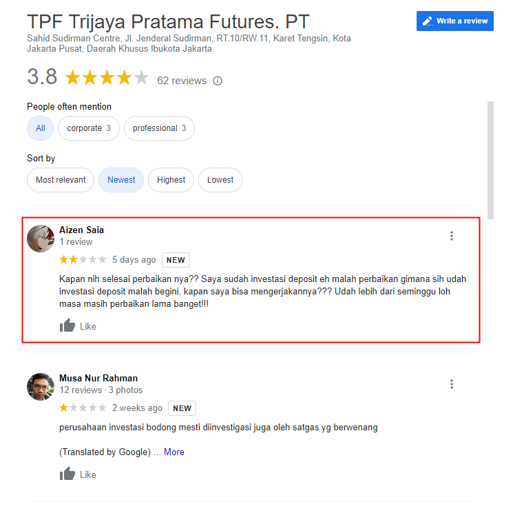 Nasabah Trijaya Pratama Futures Mengeluhkan Pelayanan yang Sangat Buruk