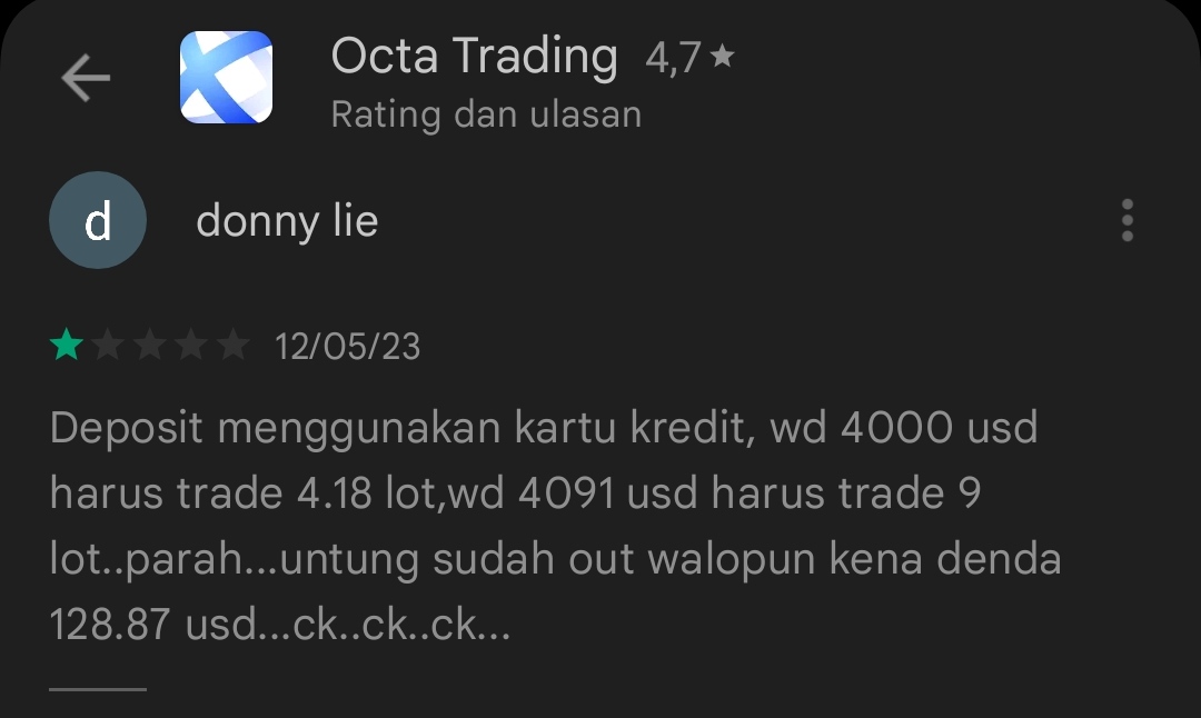Pengguna OctaFx Harus Trading 9 Lot untuk Penarikan Dana $4000?