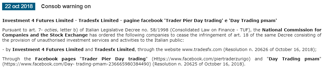 意大利CONSOB将外汇公司TradesFX列入警告名单