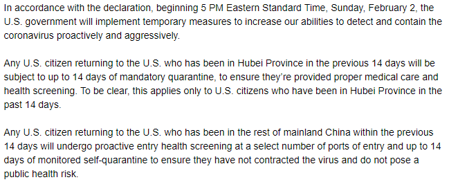 美国宣布进入公共卫生紧急状态 入境前14天到过中国的非美国公民将禁止入境