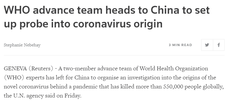 世卫组织：新冠病毒不太可能被消灭 先遣小组已前往中国开展冠状病毒来源调查