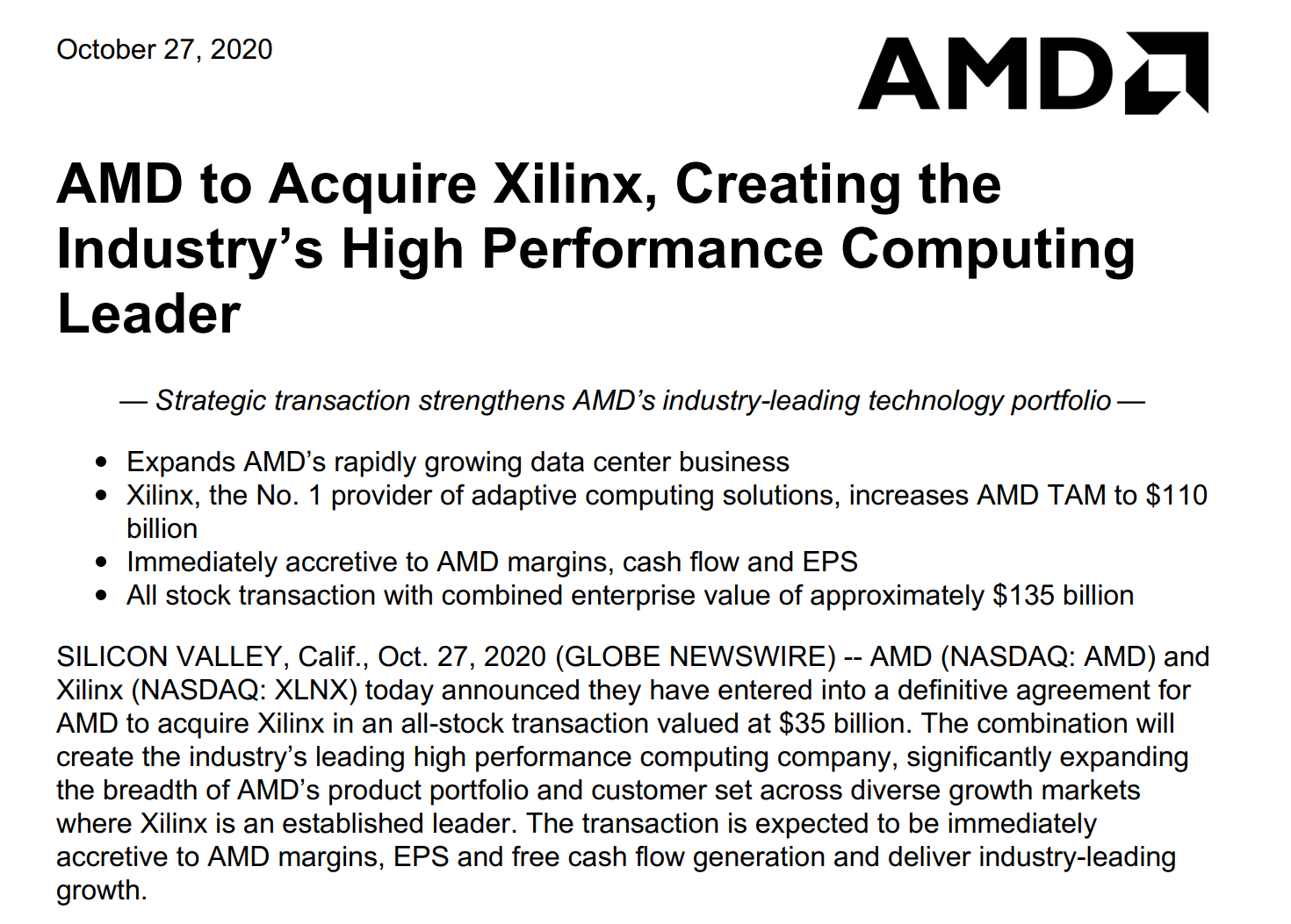 吹响进军行业芯片市场冲锋号 AMD官宣350亿美元全额换股收购赛灵思