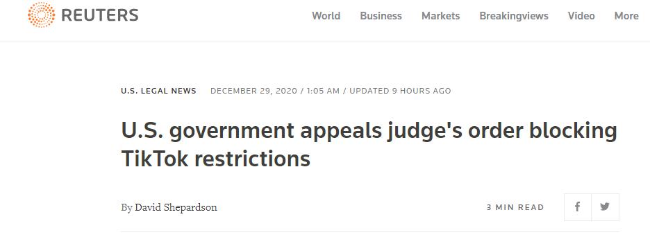 美法官阻止特朗普政府实施TikTok禁令，特朗普政府上诉