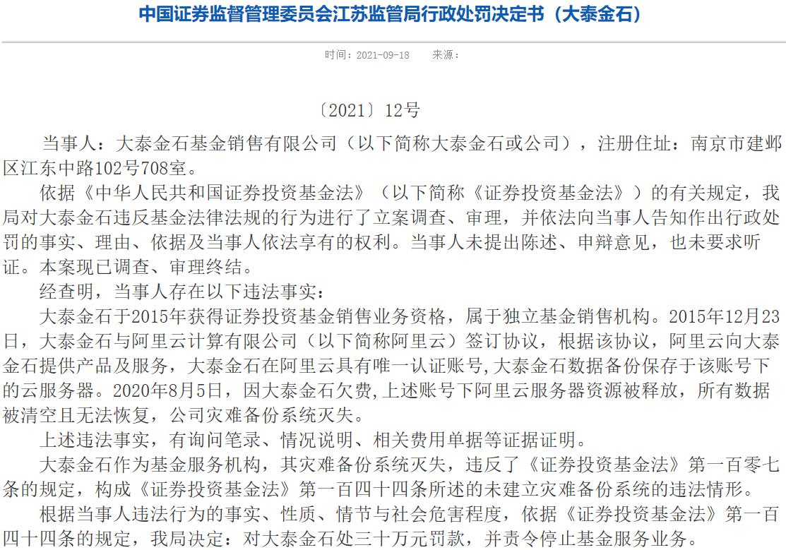 灾难备份欠费灭失，江苏证监局责令大泰金石停止基金服务业务