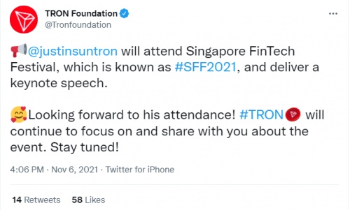 波场TRON创始人孙宇晨将出席SFF 2021新加坡金融科技节