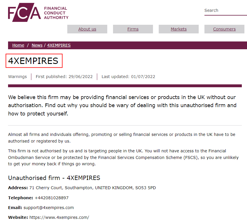 Regulated by 4 Watchdogs? The FCA Warns Against 4XEmpires