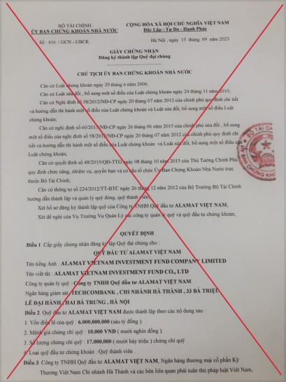 Ủy ban Chứng khoán Nhà nước: Giấy chứng nhận đăng ký lập Quỹ Đầu tư Alamat Việt Nam là giả mạo, sẽ gửi cơ quan Công an xử lý
