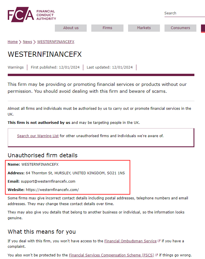 FCA最新警告：远离WESTERNFINANCEFX平台！