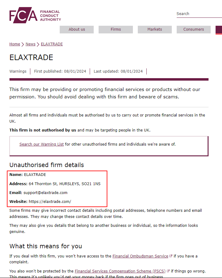 FCA警告：远离黑平台ELAXTRADE！