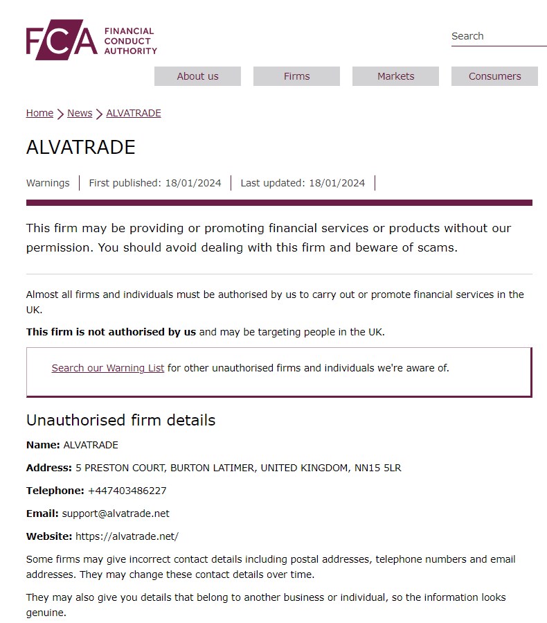 警惕！ALVATRADE虚假宣称受FCA、CySEC等多重监管